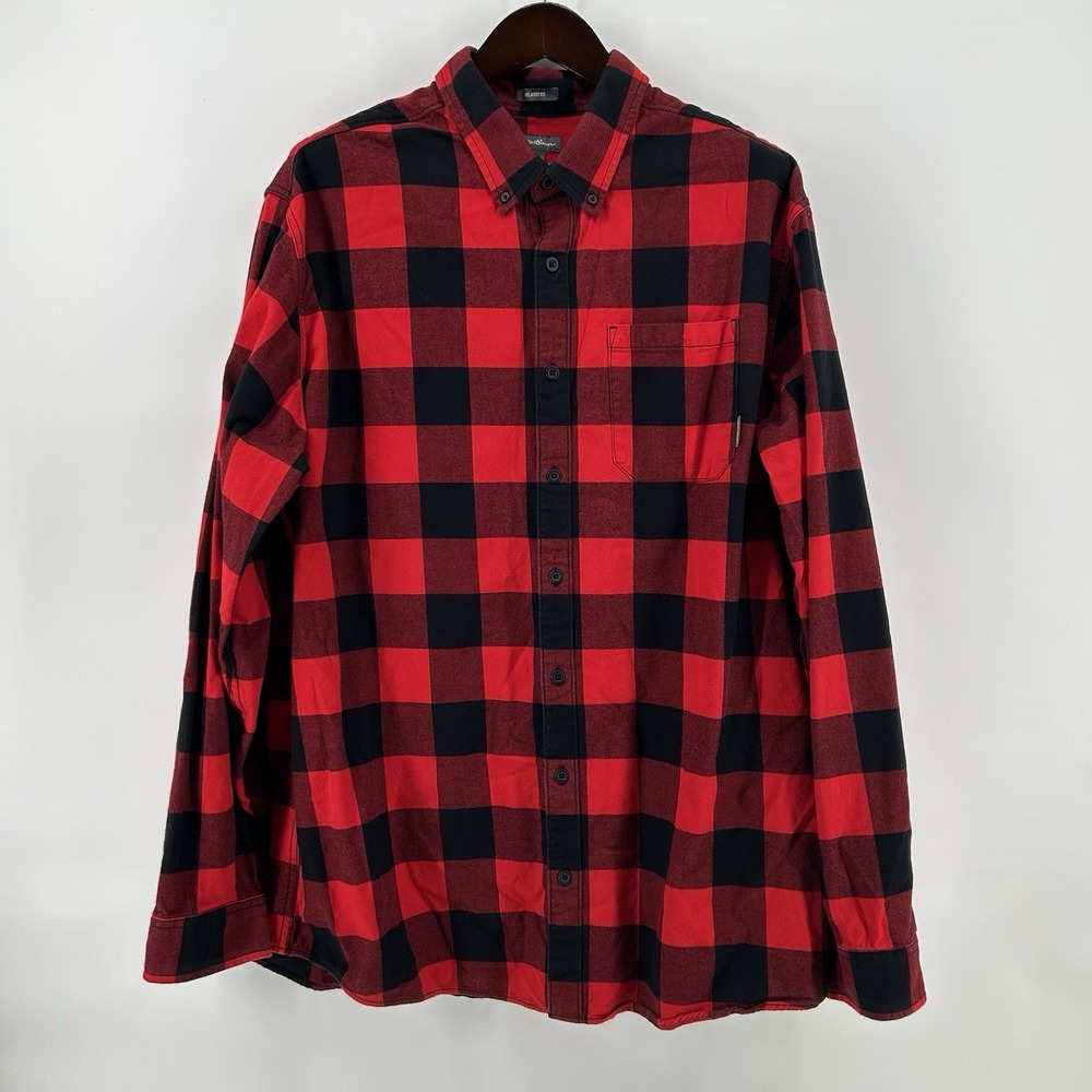 Eddie Bauer Flannel Shirt Mens T2XL Tall Red Black Buffalo Plaid Lumberjack